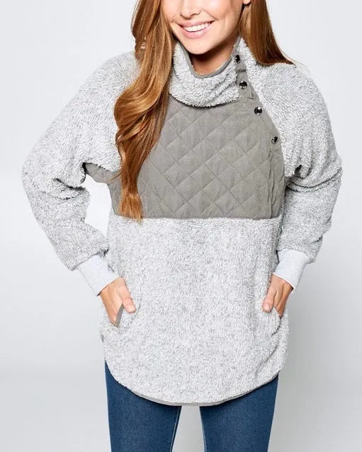 Quilted Soft Faux Shearling Pullover with Asymmetrical Snap-up Front Neckline in Heather Grey