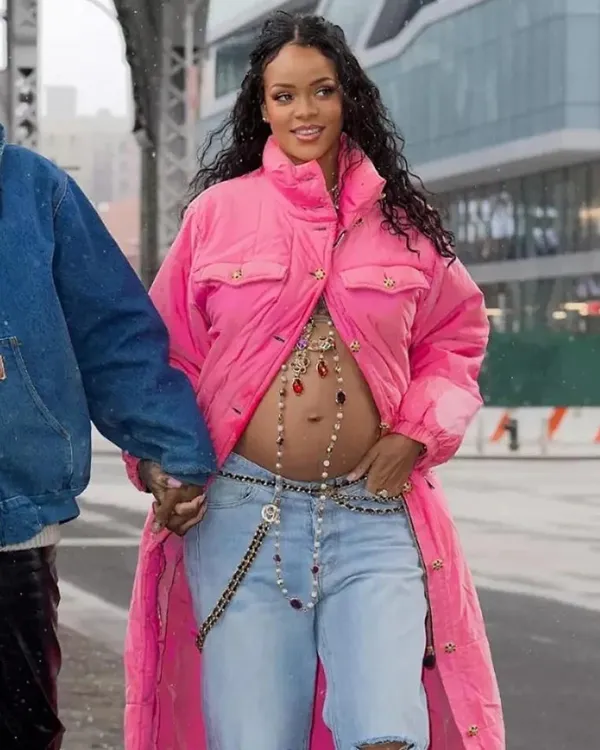 Rihanna Pink Puffer Long Coat - Pjackets