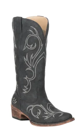 Roper Women's Black Faux Leather with White Stitching Snip Toe Cowboy Boots