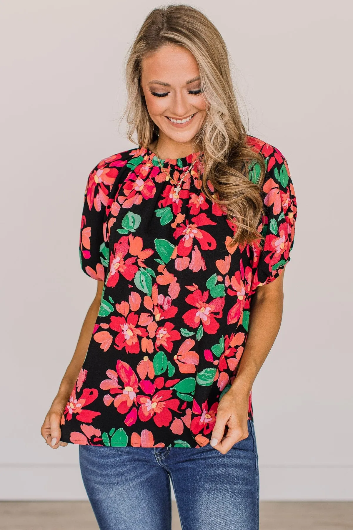 Shine So Bright Floral Blouse- Black