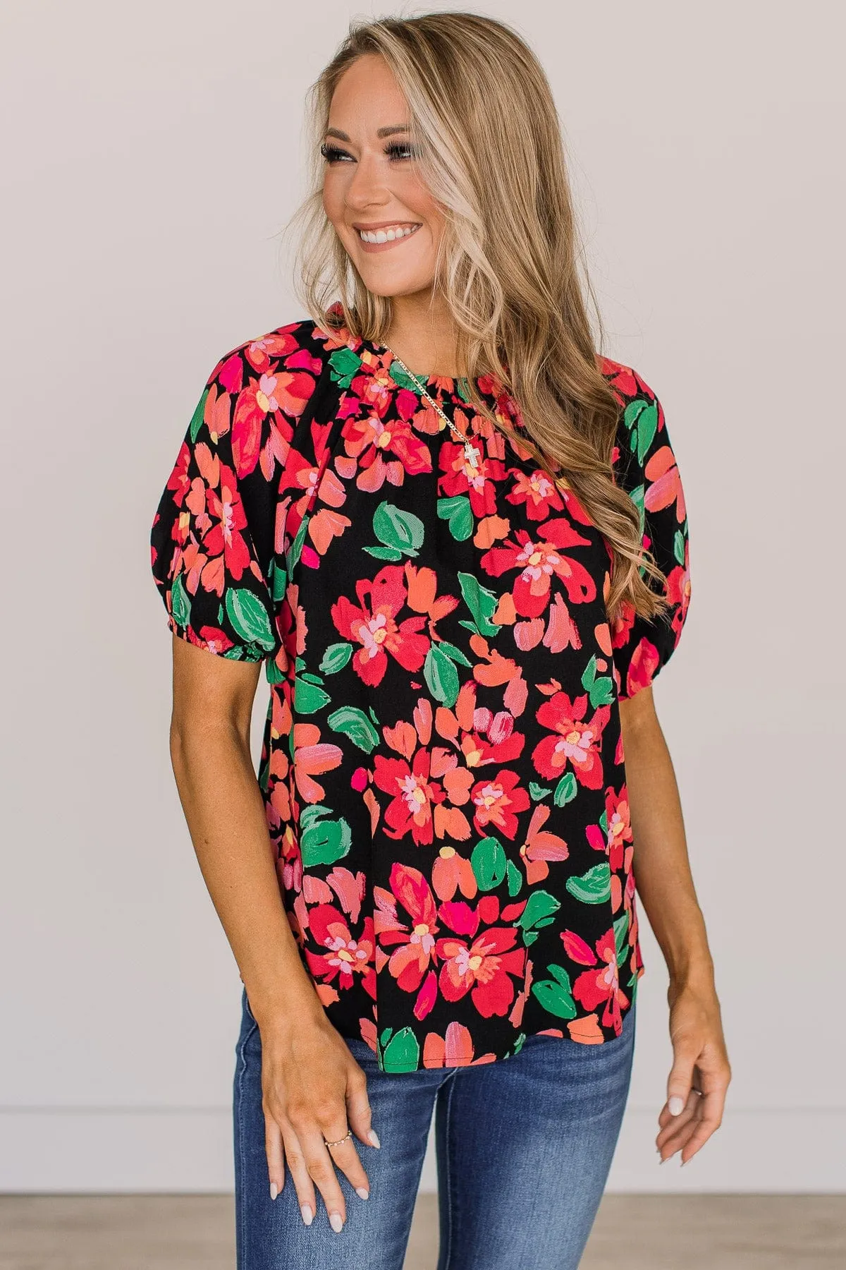 Shine So Bright Floral Blouse- Black