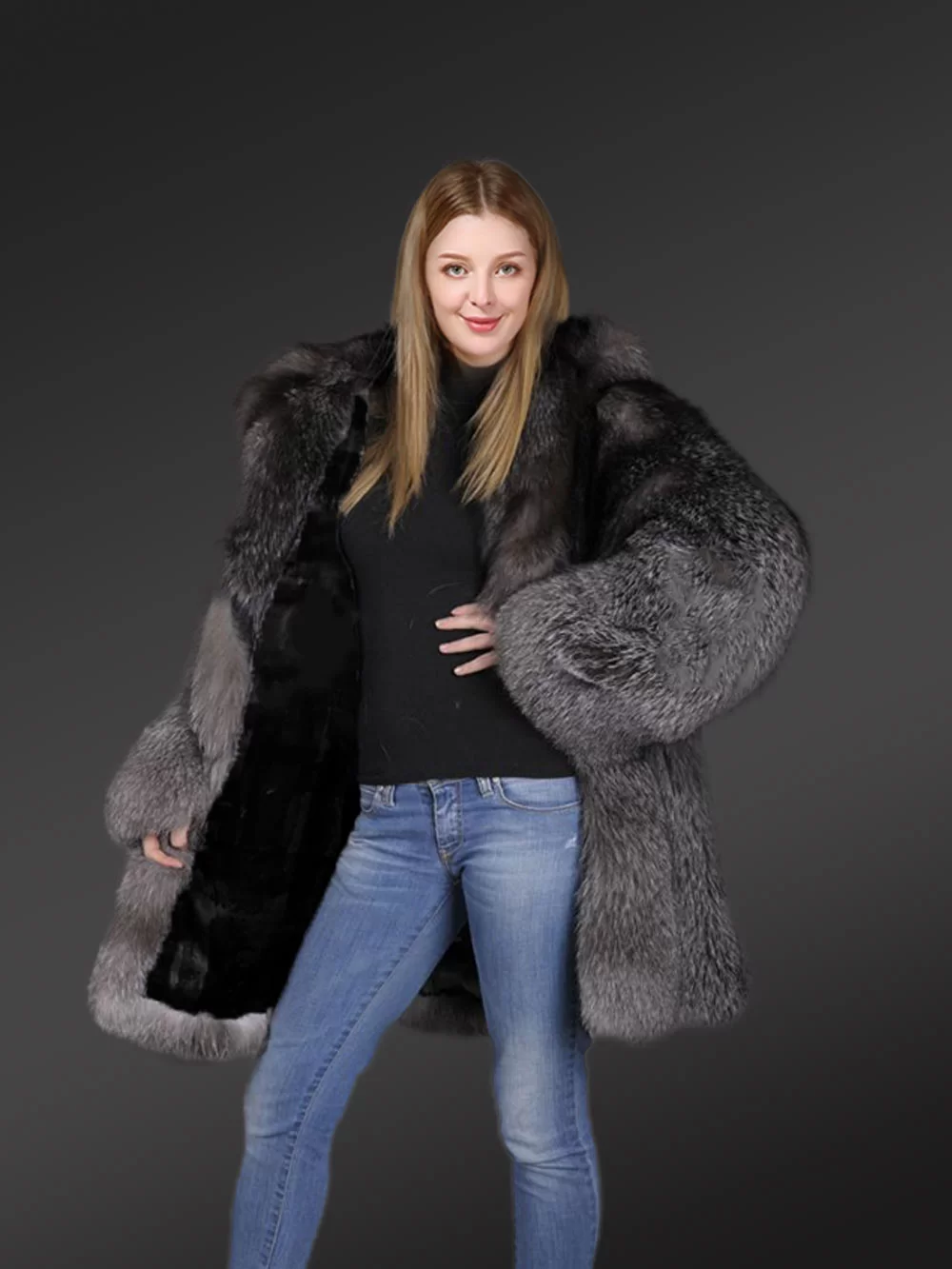 Slate Grey Fur Coat For Women