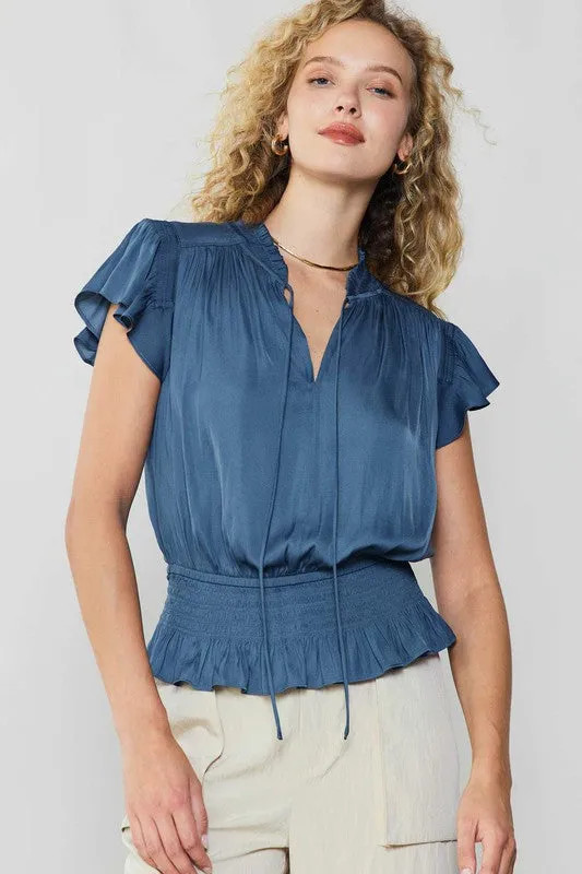 Split Neck Tie Blouse - Dusty Dark Blue