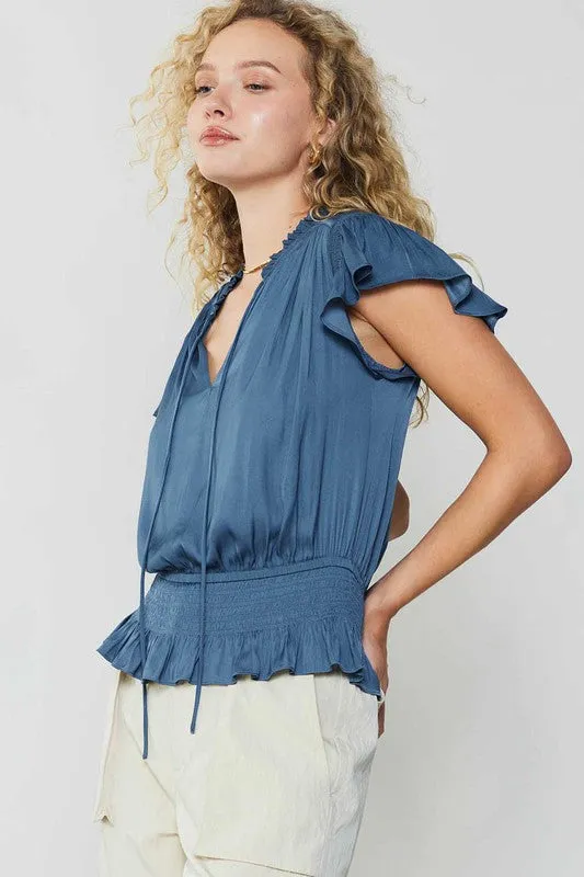 Split Neck Tie Blouse - Dusty Dark Blue