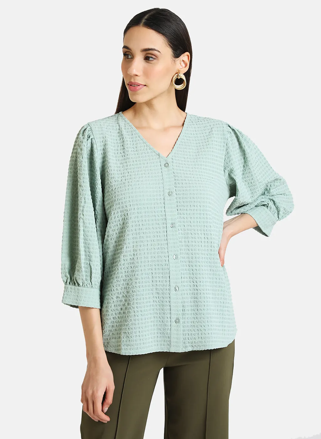 Textured Shirt With Puff Sleeves