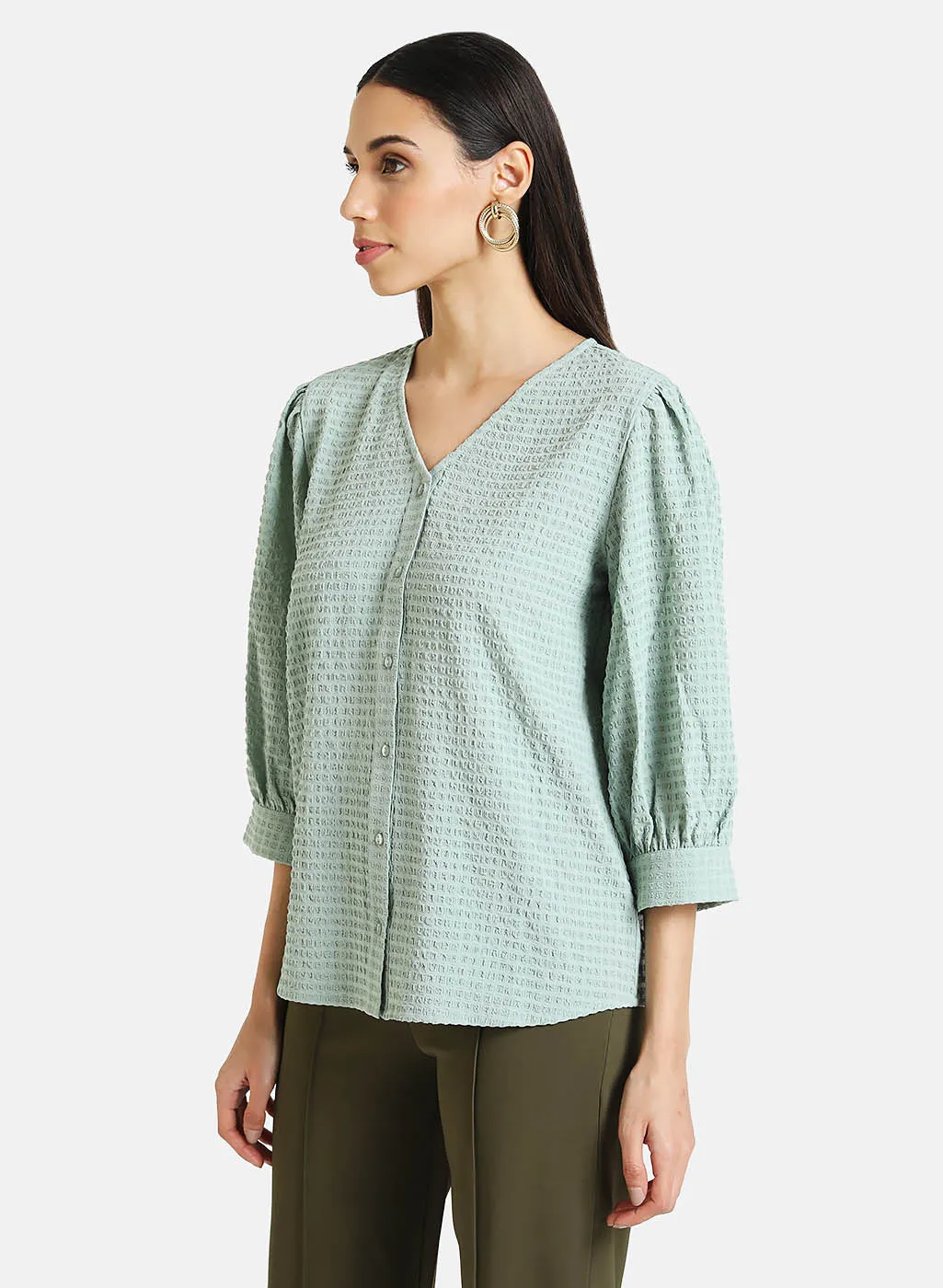 Textured Shirt With Puff Sleeves