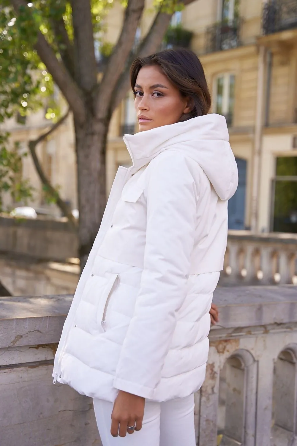 Tiered Hooded Puffer Coat in White