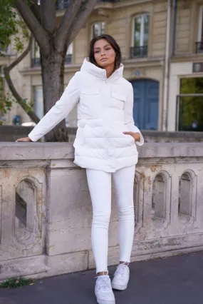 Tiered Hooded Puffer Coat in White