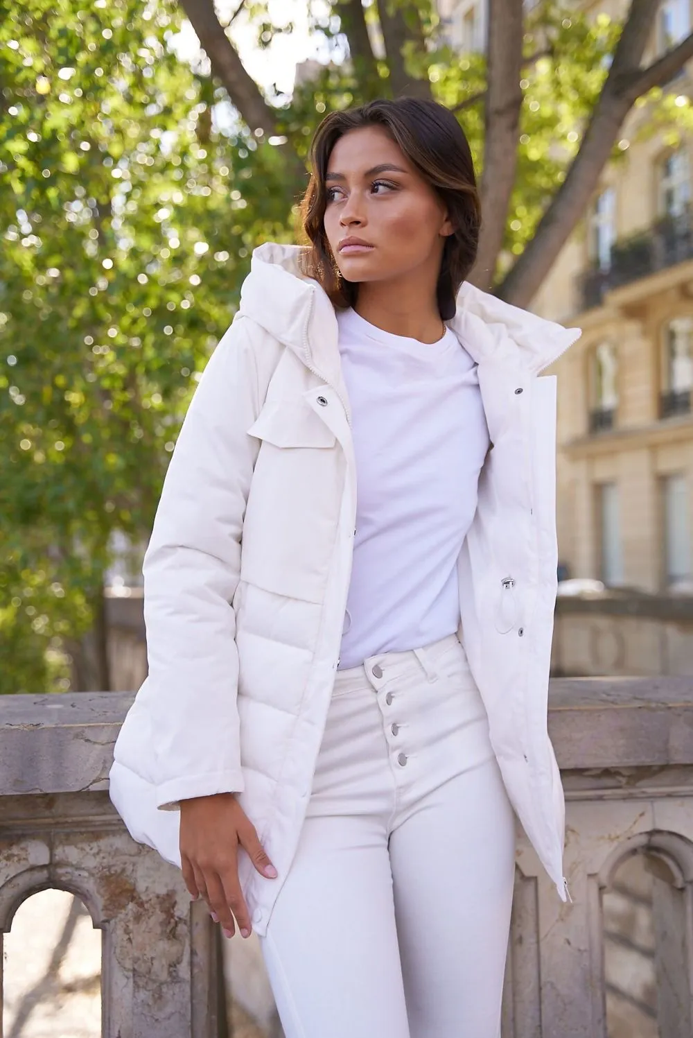 Tiered Hooded Puffer Coat in White