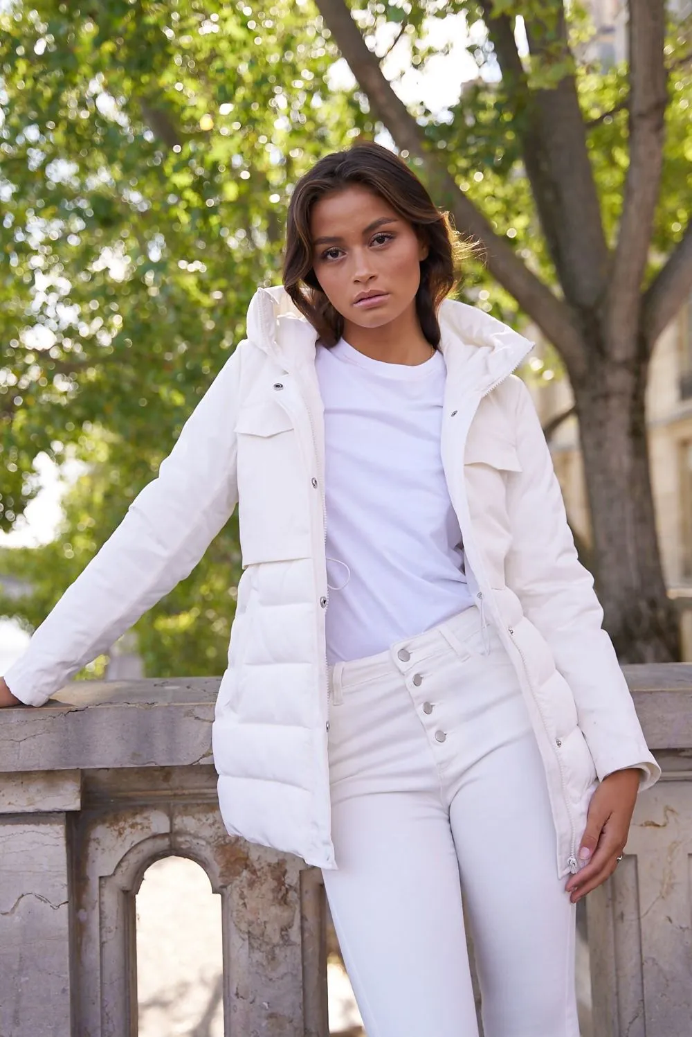 Tiered Hooded Puffer Coat in White