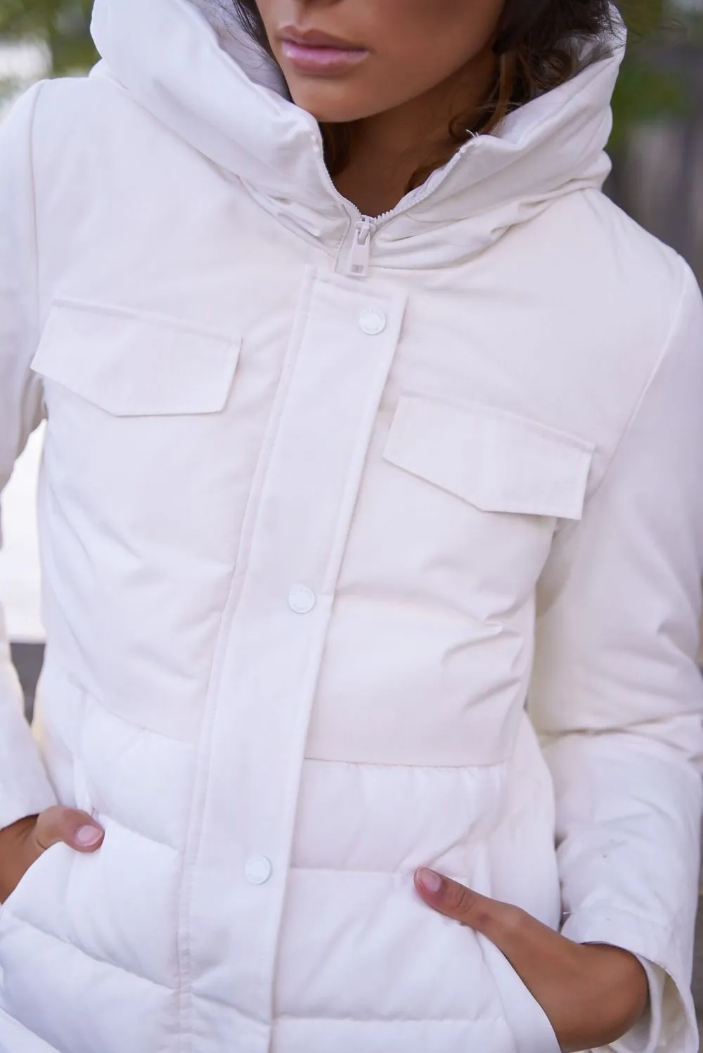 Tiered Hooded Puffer Coat in White