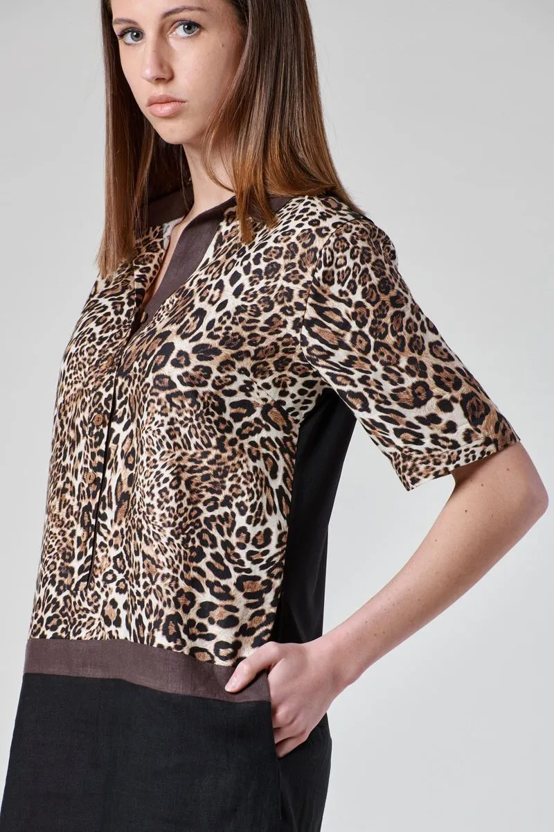 Vestito animalier nero lino manica corta