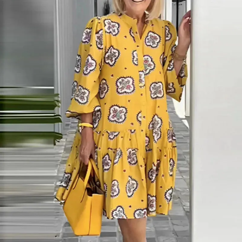 Vintage Women Printed Loose Casual Sleeve Female Dress 3/4