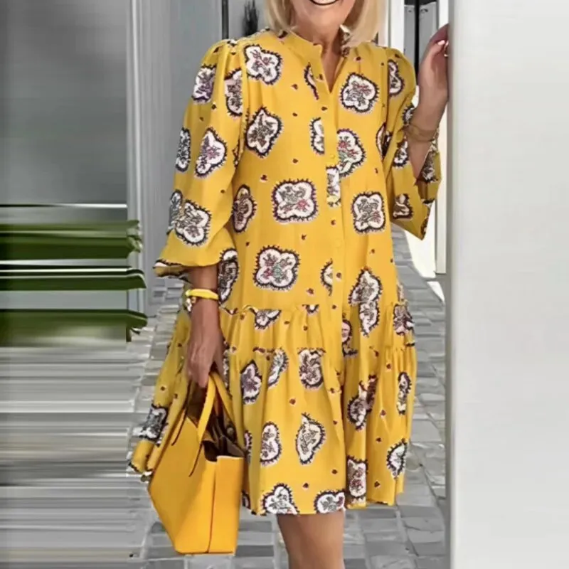 Vintage Women Printed Loose Casual Sleeve Female Dress 3/4