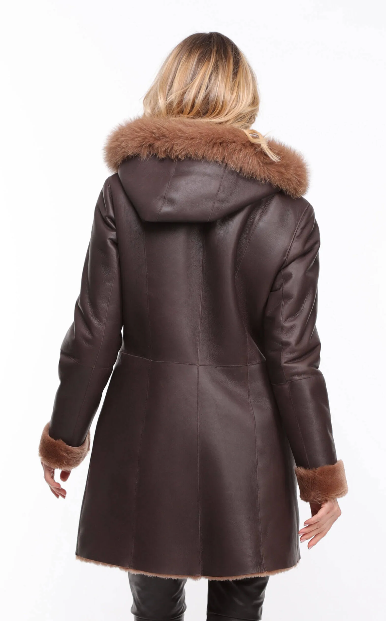 Women's chocolate hooded sheepskin coat \aurelia\