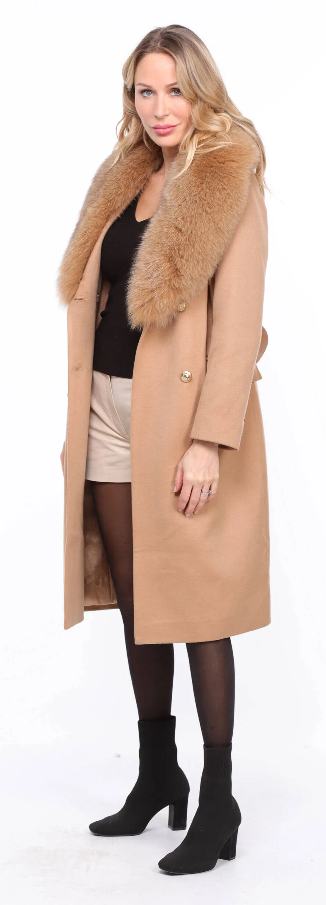 Women's gold \mona\ wool + fox coat