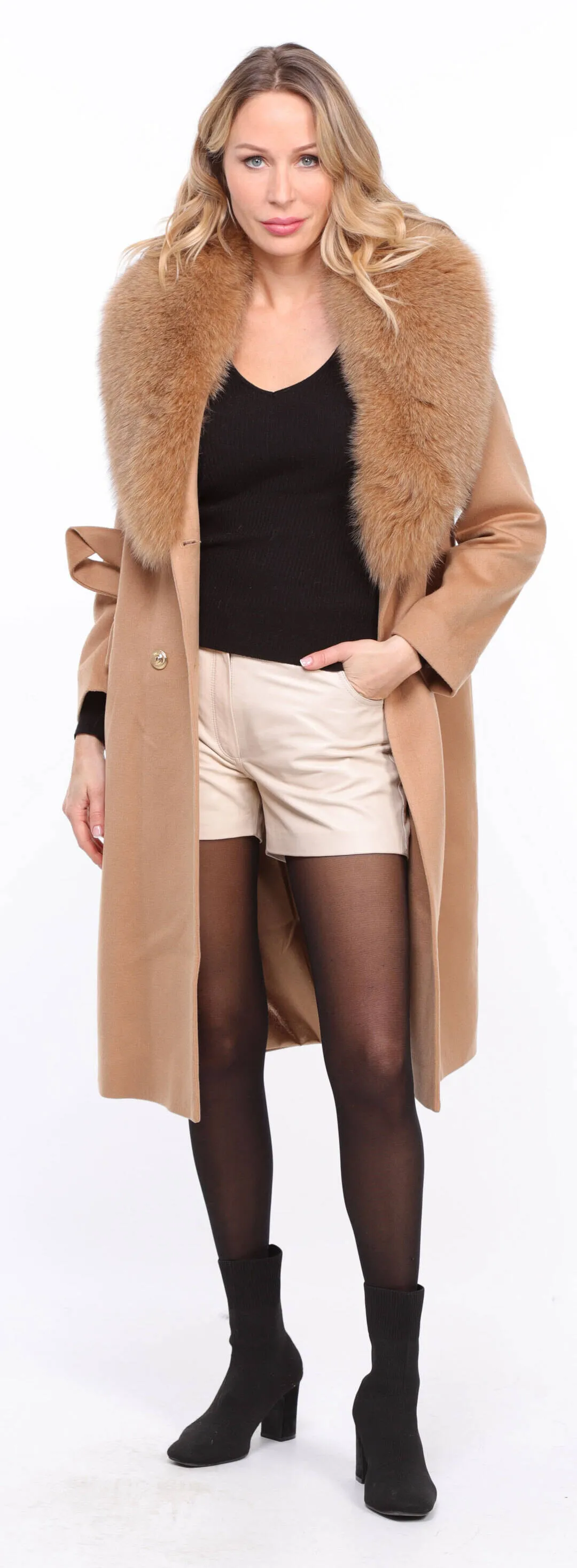 Women's gold \mona\ wool + fox coat