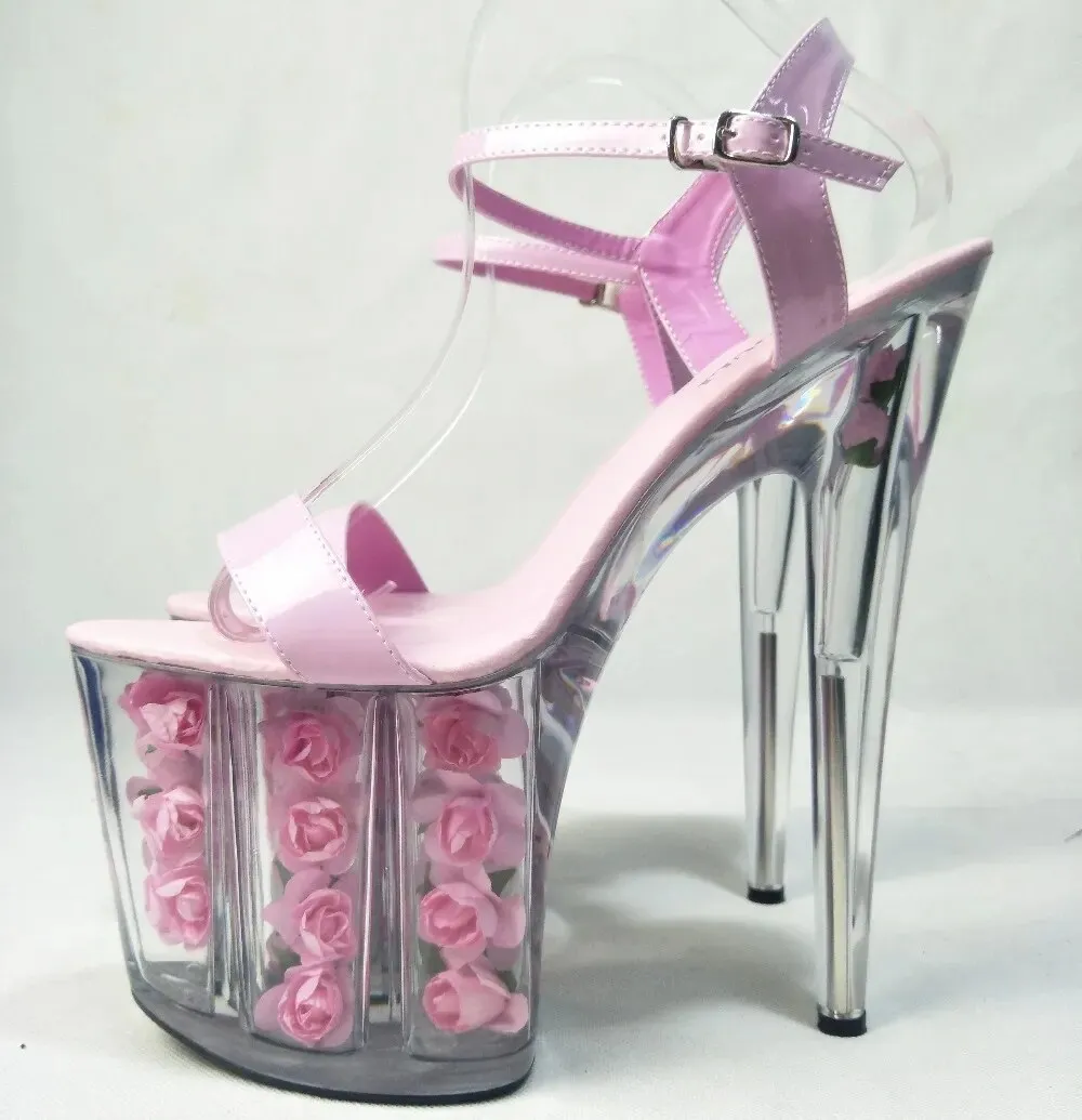 Women's Pink Roses Decorated Transparent High Heel Wedding Pumps