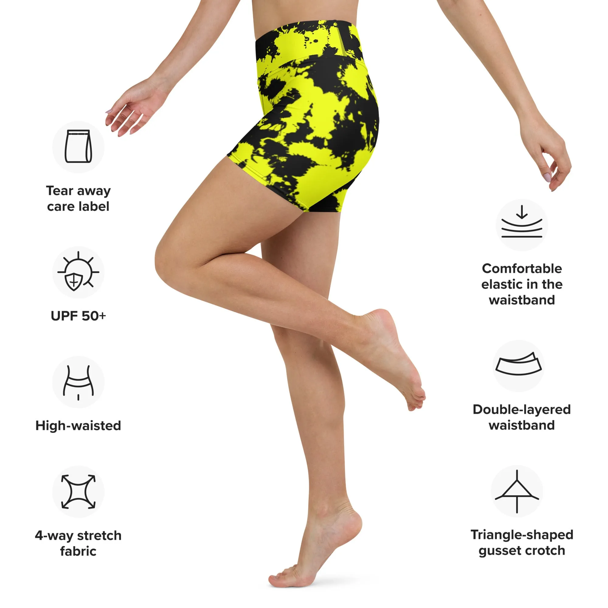 Yellow and Black Paint Splatter Rave Ready Yoga Shorts w/ Inside Pocket